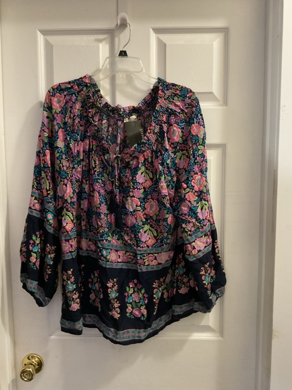 easel Navy Floral Smocked Neck Peasant Top with Pink Accents